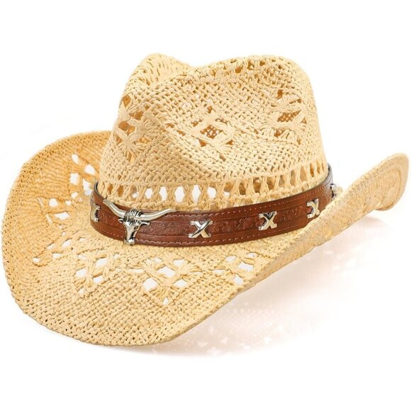Women\'s Straw Wide with Shapeable Brim Cowboy Hat White/Beige + Brown Hat main image 5